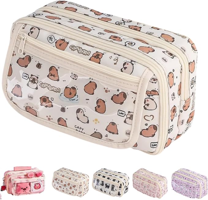 Cute Kawaii Pencil Case Pouch Cartoon Pen Box Holder Organizer for Office Workspace Supplies Desk Accessories Travel Essentials Aesthetic Trendy Cool Stuff Gift Large Capacity (White Kapibala)