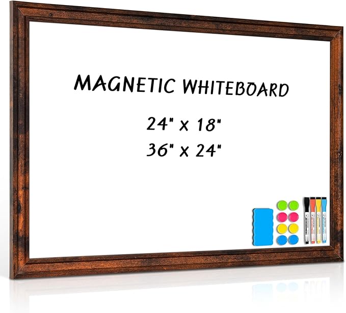 Large White Board for Wall, 36''x24'' Magnetic Dry Erase Board, Decorative Whiteboard with Brown Vintage Wooden Frame, Hanging Writing Board for Home Office School Dorm