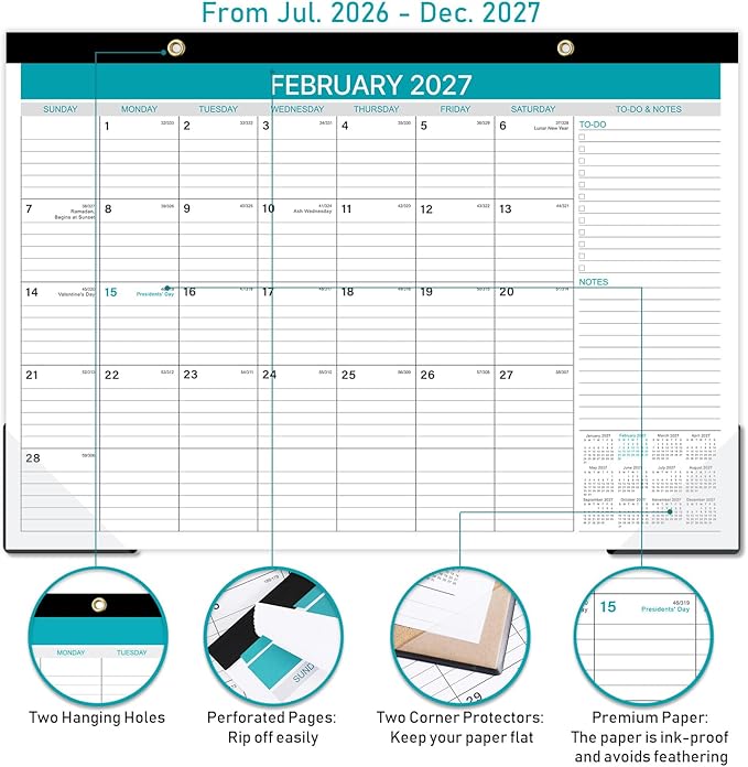 Desk Calendar 2026-2027 - Calendar 2026-2027 from July 2026 to December 2027, 12'' x 17'', 18 Monthly Desk Calendar with Ruled Blocks for Planning