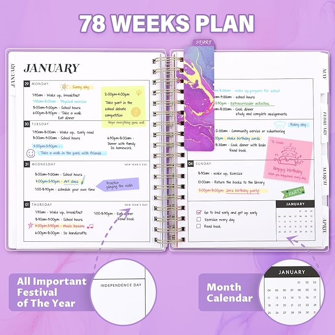 Planner 2026-2027, Large 18 Months Academic Daily Weekly Monthly Planner Yearly Agenda Jan. 2026–June. 2027, 7.9" x 9.8", Page Tabs, Separator Page, Pocket Folder, Bookmark, Stickers, Sticky Note Set