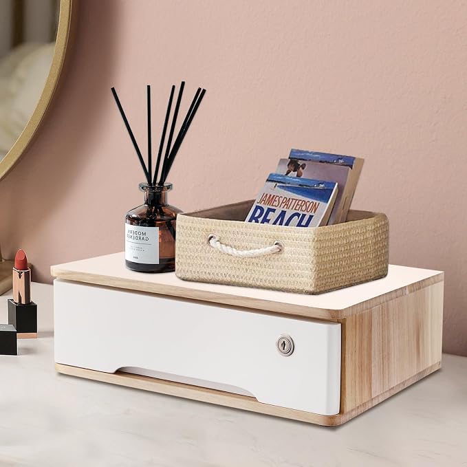 Wooden Desktop Storage Box with Lockable Drawers, Flat File Cabinet Drawer Desktop Storage Box, Countertop Storage Cabinet for Office Home Toiletries Supplies Vanity (natural wood+white, 1 Drawer)