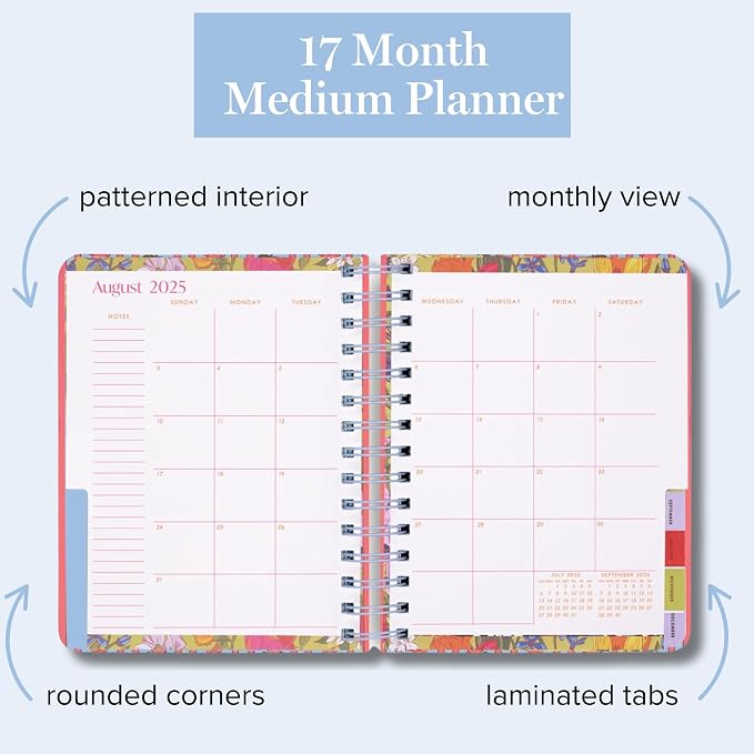 Vera Bradley 2025-2026 Medium Planner Daily Weekly & Monthly, 17 Month Hardcover Agenda Dated Aug 2025-Dec 2026, Cute Planner with Stickers, Pockets, & Spiral Binding, Tiny Poppy Stripe