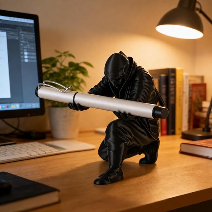 Tenceur 3D Printed Ninja Pen Holder, Black Ninja Warrior Samurai Desk Organizer with Sword, Cool Figurine Pen Stand for Men Dad Father Office Home Back to School Classroom Funny Gag Gift
