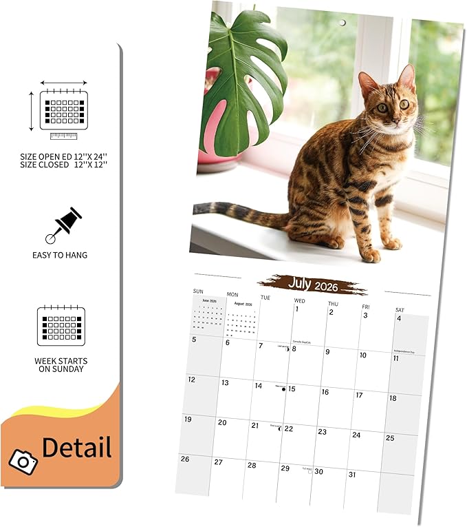 Wall Calendar 2026 Planner Calendar - Bengal Cat Hangable Monthly Wall Calendar with Large Blocks for Organizing & Planning, Academic Schedule, Home, Office & family, Thick & Sturdy Paper (12"x24" Open)