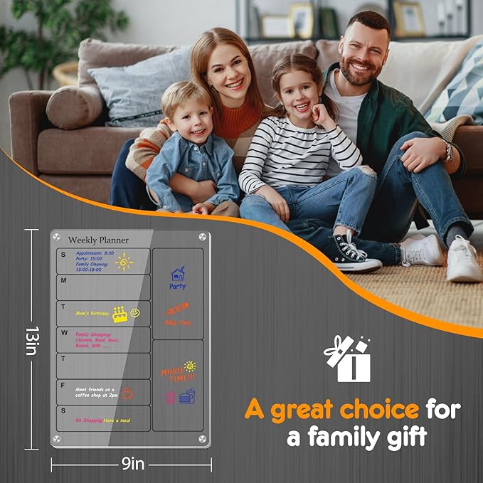 Magnetic Calendar for Fridge, Clear Acrylic Fridge Calendar Dry Erase, Monthly Calendar Magnetic for Refrigerator, Family Calendar Planning Board Include Marker (Black Text, Weekly Planner)