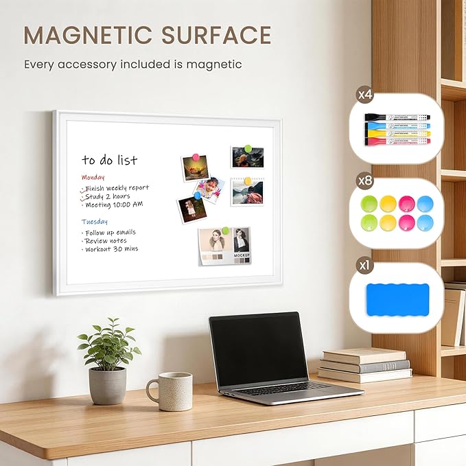 White Board for Wall, 17" x 13" Magnetic Dry Erase Board, Decorative Wooden Frame Whiteboard, Wall Mounted, Aesthetic Writing Board for Home, Office, School - White