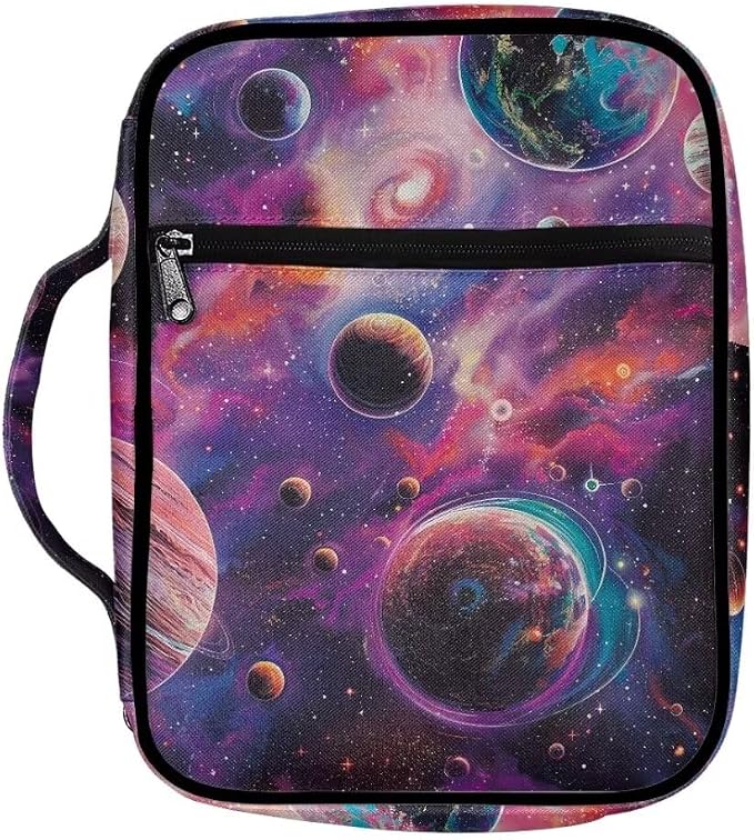 Coldinair Outer Space Planets Bible Cover Case for Kids Teen,Carrying Book Cover Bible Holders with Handle and Zippered Pocket,Fits for Standard/Large Size Bible