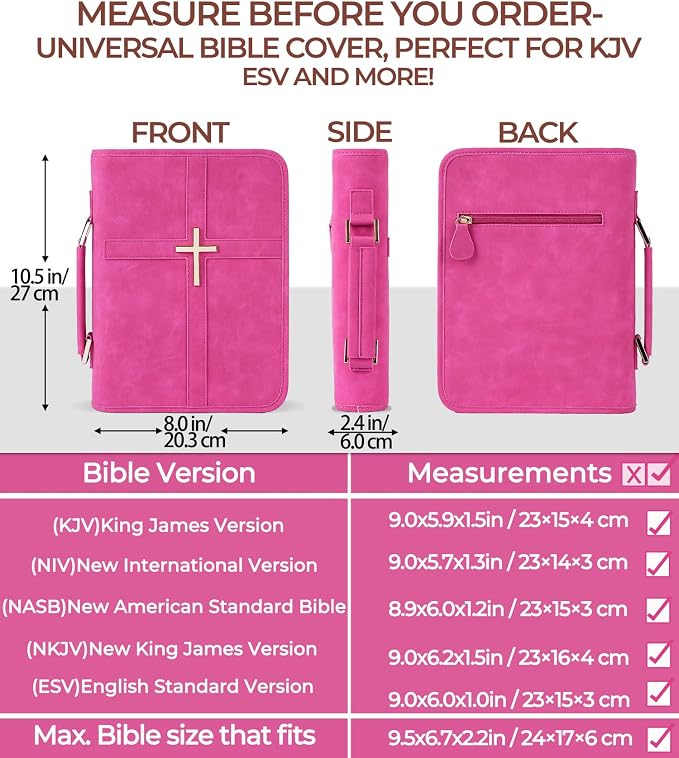 Vegan Leather Bible Cover Case, Bible Bag with Phone Pocket, Bible Case for Men Women, Christian Gift Box Packaging (Rose)