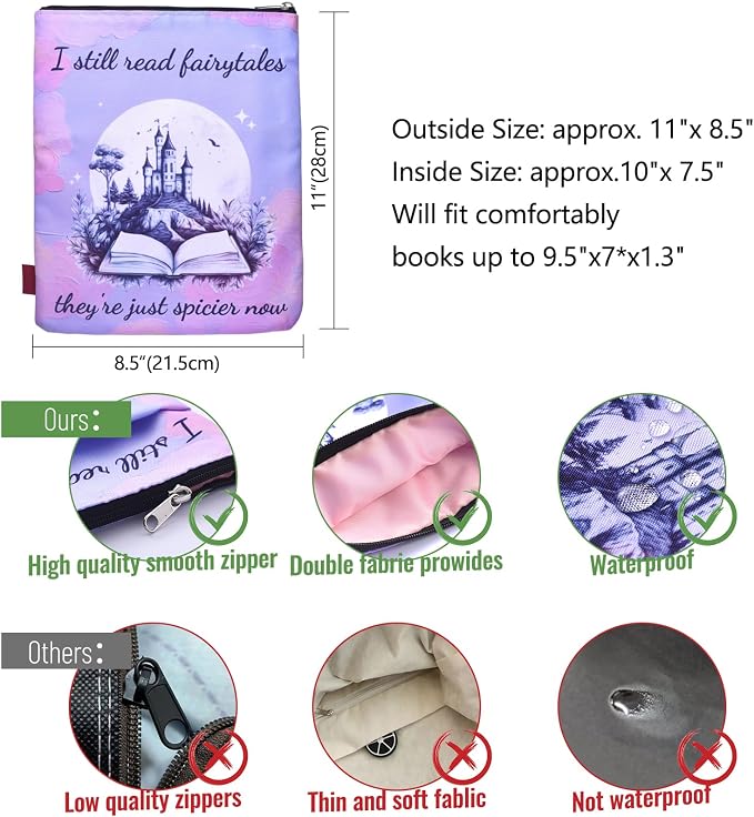 LParkin Book Sleeve Cover with Zipper, I Still Read Fairytales They're Just Spicier Book Protector Pouch, 11 x 8.5 Inch Spicy Book Covers, Washable Fabric Book Sleeves Smut Reader Gift