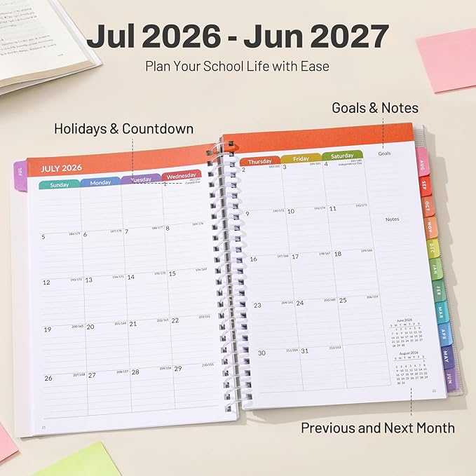 Student Planner 2026-2027, SUNEE Academic Weekly & Monthly Plan Book, Jul. 2026 - Jun. 2027, 6.5"×8.3" Middle & High School Planner, Lesson Plan Book with Week's Goals, Bookmark, Monthly Tabs, Black