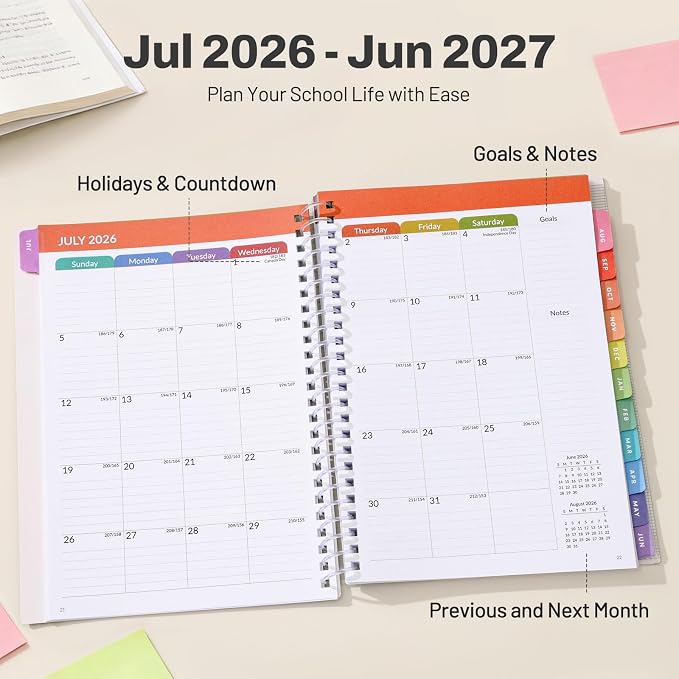 Student Planner 2026-2027, SUNEE Academic Weekly & Monthly Plan Book, Jul. 2026 - Jun. 2027, 6.5"×8.3" Middle & High School Planner, Lesson Plan Book with Week's Goals, Bookmark, Monthly Tabs, Beige
