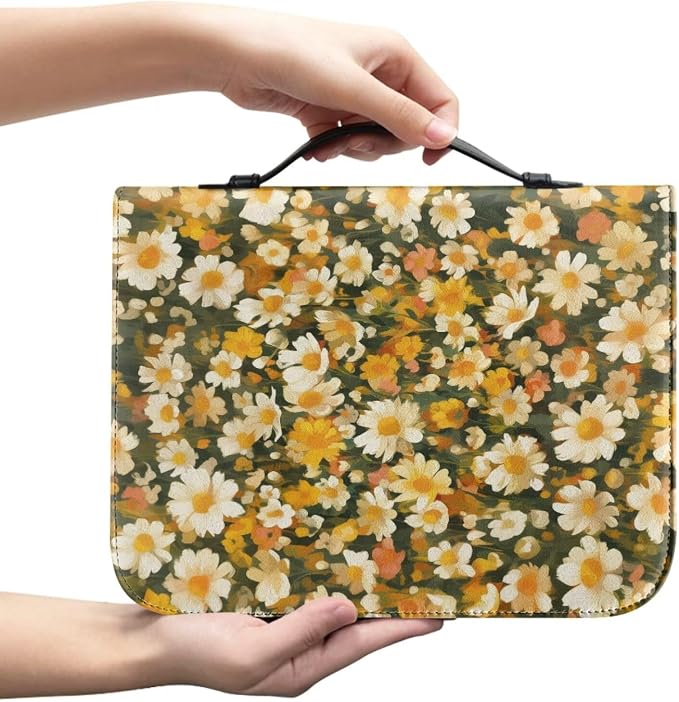 Bible Cover Case for Women,Daisy Print Carrying Book Case for Bible Accessories Leather Carrying Case with Handle&Zippered Pocket A Christian Gift for Women-XXL