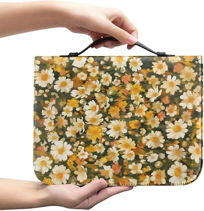 Bible Cover Case for Women,Daisy Print Carrying Book Case for Bible Accessories Leather Carrying Case with Handle&Zippered Pocket A Christian Gift for Women-XL