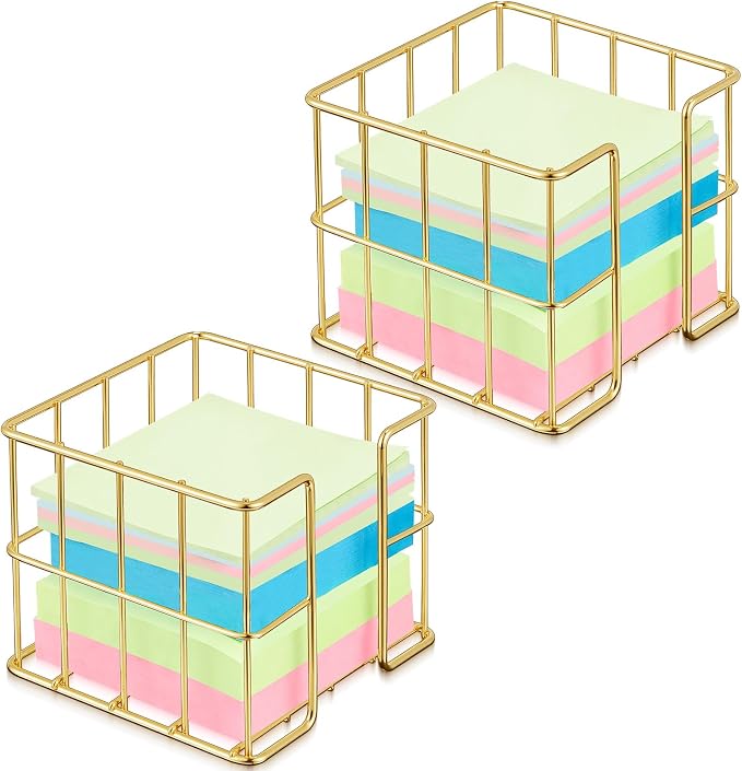 Harloon 2 Pcs Metal Sticky Note Holder 3.8 x 3.8 in Back to School Cute Memo Cube Dispenser Mesh Desk Organizer for Notepads Pens and Pencil Ideal for Classroom Office Supplies Home Storage(Gold)