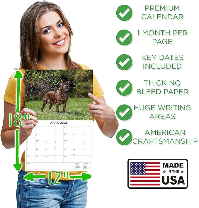 2025 2026 Pitbull Calendar - Staffordshire Bull Terrier Dog Breed Monthly Wall Calendar - 12" x 18" Open - Thick No-Bleed Paper - Giftable - Academic Teacher's Planner Calendar Organizing & Planning