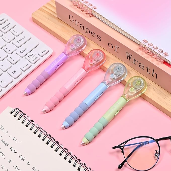 Temiary 4 Pcs White Correction Tape Pen, 19.69 ft Smooth Pull Out Tape Pens, Instantly Dry, Easy to Use Applicator for School Office Supplies (Multicolor)