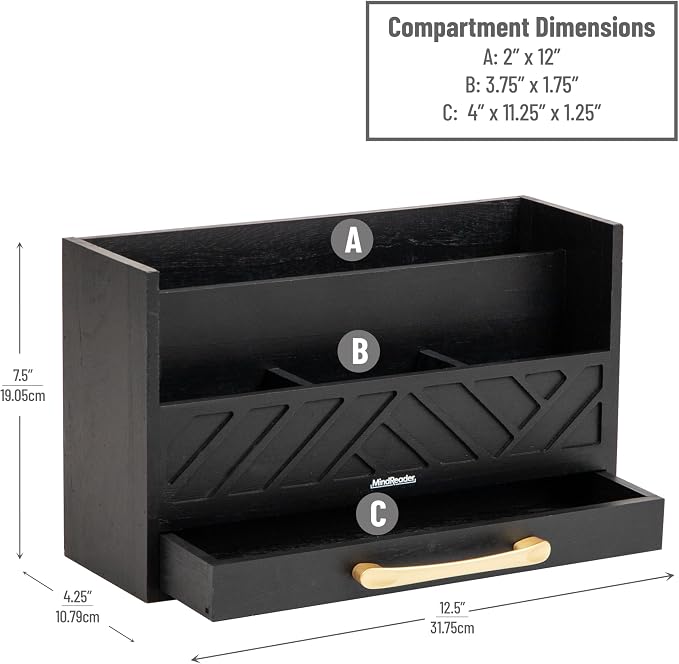Mind Reader 5-Compartment Desktop Organizer, Rustic Wooden Storage Rack with Drawer for Papers, Accessories, and Office Supplies, 12.5" L x 4.25" W x 7.5" H, Black