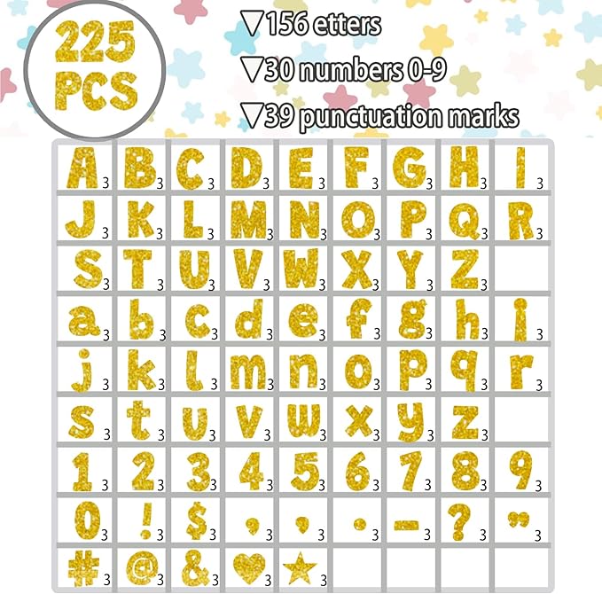 225Pcs Glitter Bulletin Board 4inch Letters with Adhesive Dots Punctuation Symbols Cutout for Classroom Numbers Alphabet School Display Decorating Supplies (Gold)