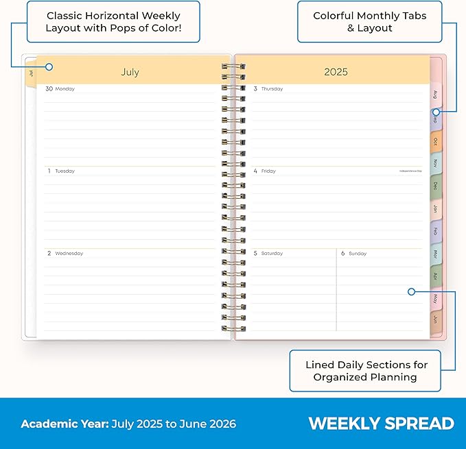 Blue Sky 2025-2026 Weekly and Monthly Academic Year Planner Calendar, July 2025 - June 2026, 5.8" x 8.6", Flexible Cover, Wirebound, Laminated Tabs, Storage Pocket, Daisy Garden