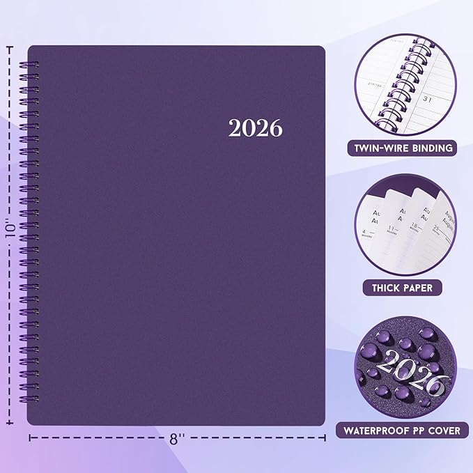 Planner 2026 - Weekly & Monthly 2026 Planner with Printed Tabs, Jan. 2026 - Dec. 2026, 8" x 10", Flexible Cover, Twin-Wire Binding, Premium Paper, Perfect Oganizer - Purple