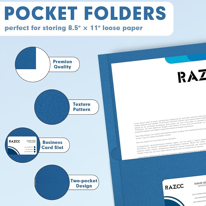Two Pocket Folders, RAZCC 75 Pack 2 Pocket Folders Fit Letter Size Paper, Paper Folders with Pockets for School Office Business Home (Navy Blue)