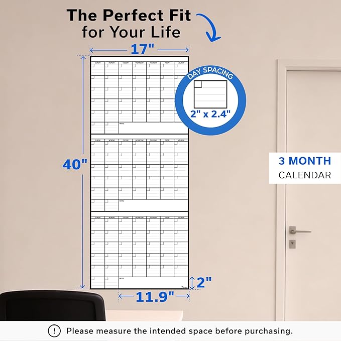 3 Month Dry Erase Calendar for Wall, 40x17, 3 Month Wall Calendar Dry Erase, Big White Board for Office, Home & School, Giant Erasable Whiteboard, Jumbo Monthly Undated Reusable White Board Planner