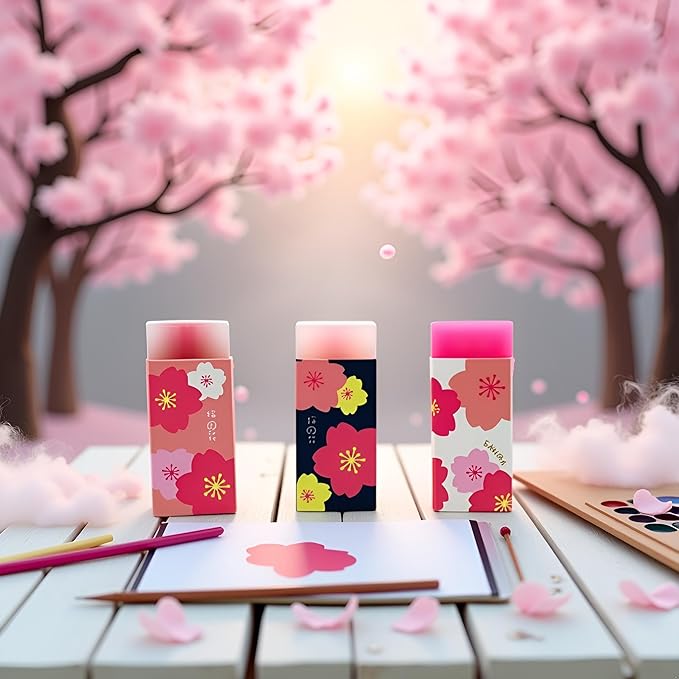 3 Pcs Pink Lovely Cherry Blossoms Rubber Erasers of Sakura Petal Sketch Painting Pencil Correction Tool School Office Stationery Supply Standard Pencil Erasers