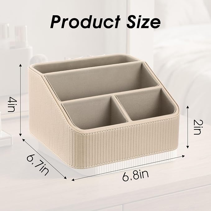 Remote Control Holder with 4 Compartments, PU Leather Desktop Organizer for Nightstand or Desk, Multifunctional Storage Box for Office Supplies and Home Accessories (Beige)