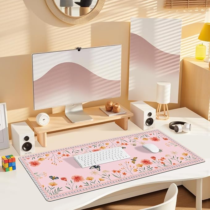 Desk Pad for Keyboard and Mouse, Large Mouse Pad for Desk, Non-Slip Keyboard Mat, Computer Mats for Desk, Cute Desk Pad with Stitched Edges for Office, Gaming I Pink Butterflies Flowers