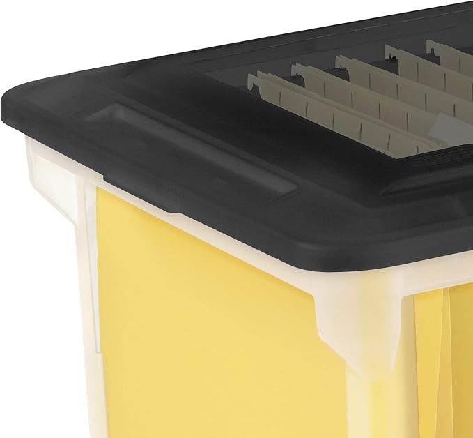 Sterilite 4-Pack File Box, Clear Storage Tote with Black Lid for Letter & Legal Hanging Folders - Stackable Plastic Document and Paper Organizer for Home, Office, and Dorm Organization