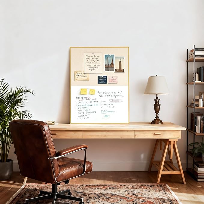 ARCOBIS Dry Erase Cork Board Combo, 24"X18" Whiteboard with Linen for Wall, Magnetic Dry Erase Bulletin Board, Vision Board for Home, Office, School, Off White