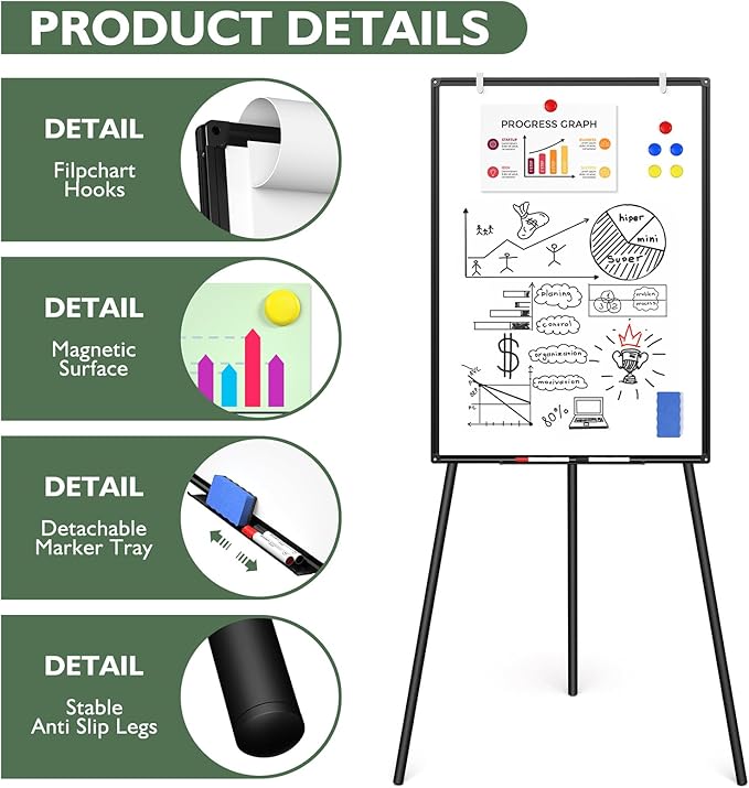 Magnetic Whiteboard Easel Stand, Dry Erase 36 x 24 White Board with Height Adjustable Tripod Stand, 3' x 2' Flipchart Easel Stand Presentation Board with Black Frame, 6 Magnets, 1 Eraser, 2 Pens