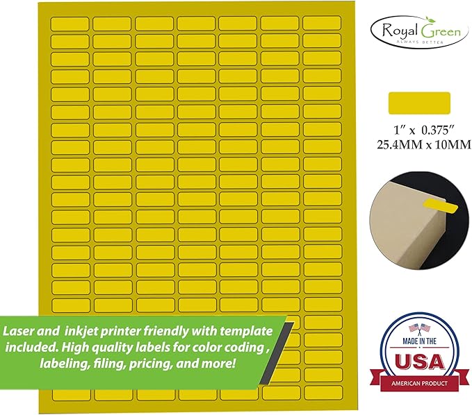 Yellow Sticker Label Sheets Bulk Printable Paper Labels 1 inch x 0.375 inch - 1540 Pack, 10 Sticker Sheets for Laser/Inkjet Printers with Template Included by Royal Green
