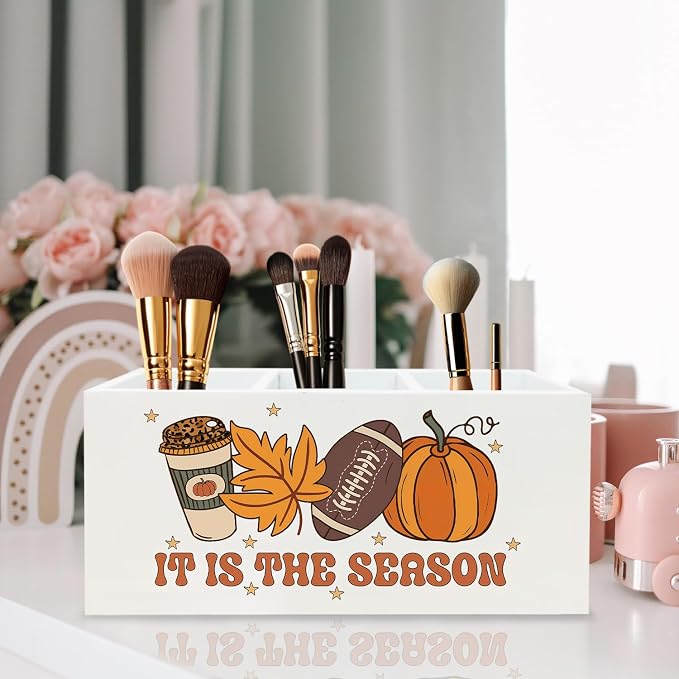 Fall Football Pen Holder for Desk, Autumn Coffee Pumpkin Maple Leaf Wooden Box Sign Desk Decor for Home Office Decoration, Rustic Fall Pencil Organizer, Football Lover Gifts