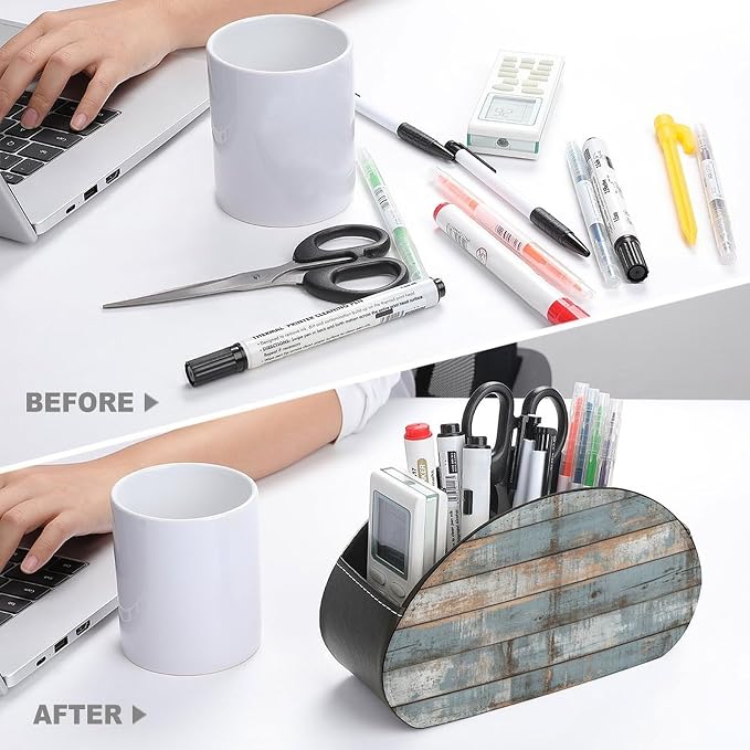 Rustic Weathered Horizontal Planks Wood Remote Control Holder with 5 Compartments Leather TV Remote Caddy Remote Storage Box Desktop Organizer for Pen/TV Remotes/Media Controllers/Office Supplies