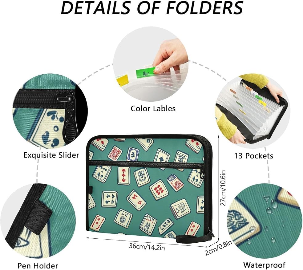 File Folders Green Mahjong Style Plastic Folders with 13 Pockets, Expandable File Folder for Documents School Students Office, Aesthetic Folder with Labels A4 Letter Size