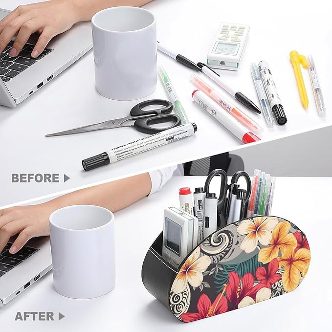 Colorful Hawaiian Pattern Remote Control Holder with 5 Compartment Organizer Box, Leather TV Remote Holder Organizer Caddy for Table, PU Leather Remote Box for Nightstand Office Desk Storage Box
