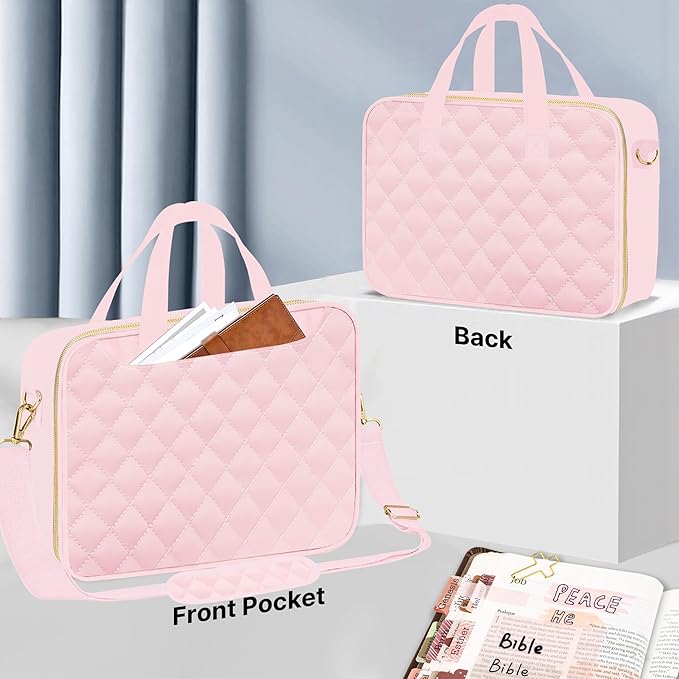 PUGPIU Bible Cover Case for Women, Large Quilted Bible Bag with Shoulder Strap and Handle, Bible Study Supplies Journaling Kit with Highlighters Pens No Bleed Tabs Notebook Cross Clips (Pink)