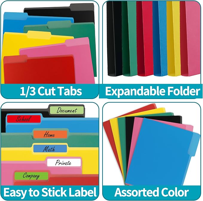VZCPYTPM 100 Packs Colored File Folders,1/3-Cut Tabs,Letter Size File Folder,Manilla folders to Organize 8.5x11 documents,Ideal for Office,School and Home,Organizer Folder(Black,Blue,Red,Pink,Purple)