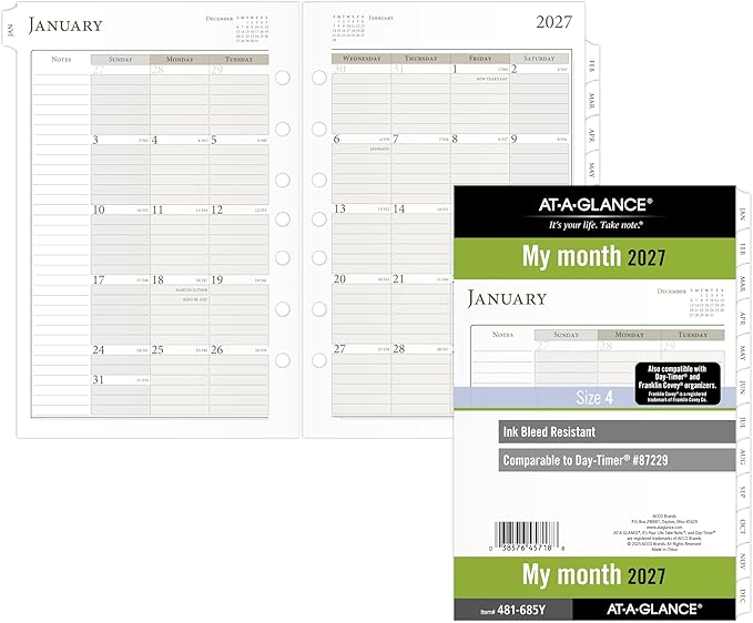 AT-A-GLANCE 2027 Planner Refill, Monthly, 5.5" x 8.5", Desk Size 4, Tabbed, 7-Ring Loose-Leaf (481-685Y-27)
