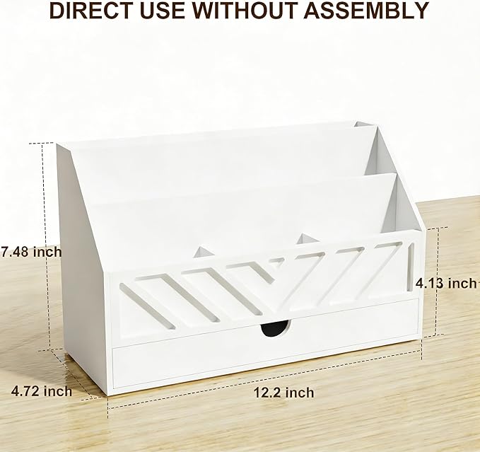 SRIWATANA White Mail Organizer Countertop, 5 Slots Mail Holder with Drawer, Office Desk Organizer, Letter Sorter File Bill Holder Paper Storage for Home Office School