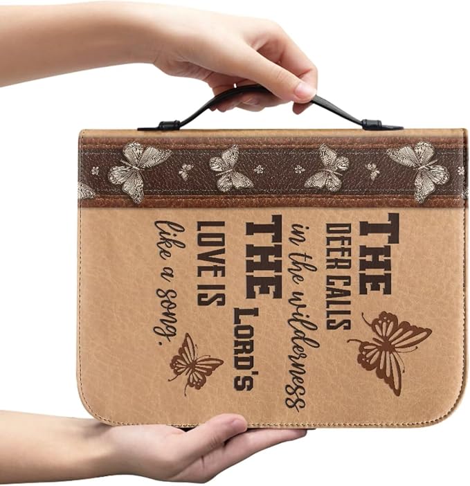 Vintage Religious Cross Deer Bible Case with Bookmark Waterproof Bible Cover Case for Women Lightweight Bible Bag with Handle Pockets Church Book Bag Brown