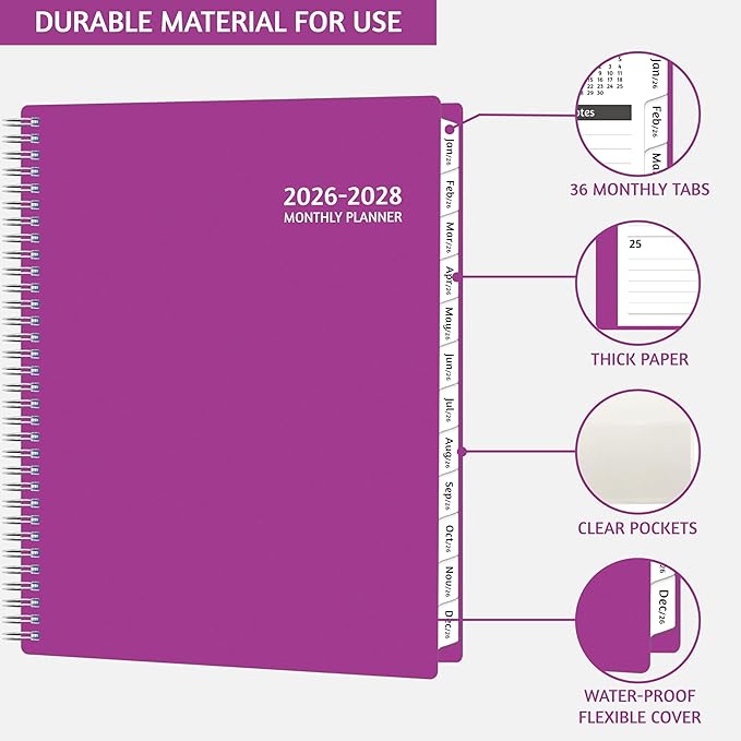 Monthly Planner 2026-2028, 36 Months Calendar Planner 2026-2028 from Jan 2026 – Dec 2028, 8.5'' x 11'' with Ruled Spread, Flexible Cover, Spiral Wirebound, Pocket, Coated Tabs, Notes ＆ Habit Tracker