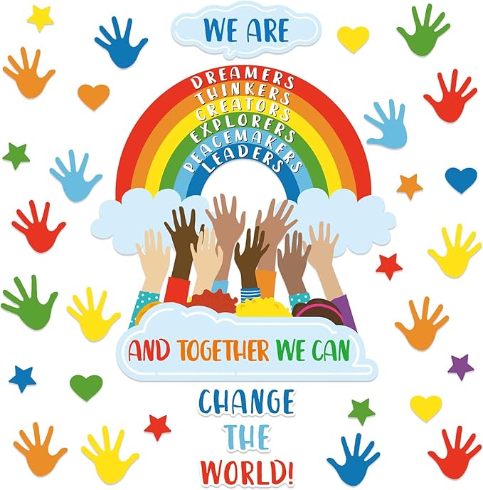118 Pcs One World Together Classroom Decorations Positive Rainbow Cutouts Motivational Bulletin Board Set Inspirational Classroom Wall Chalkboard Door Decor for Back to School Teacher Supplies