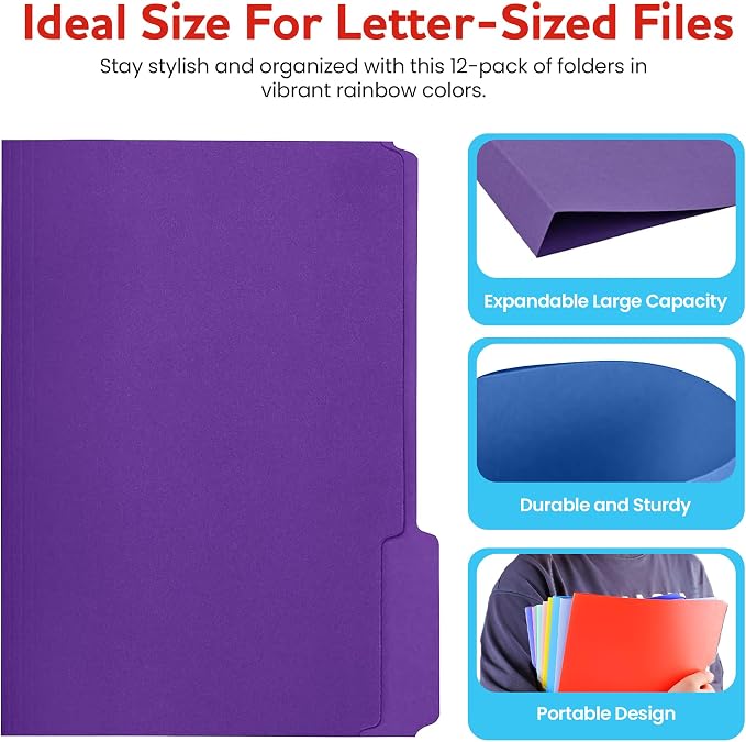 Colored File Folders 12 Pack Assorted Colors, 1/3-Cut Tabs, Letter Size 1/3-Cut Tab File Folders for Office, Home, School, Paper & Organization Filing Cabinets. (Assorted)