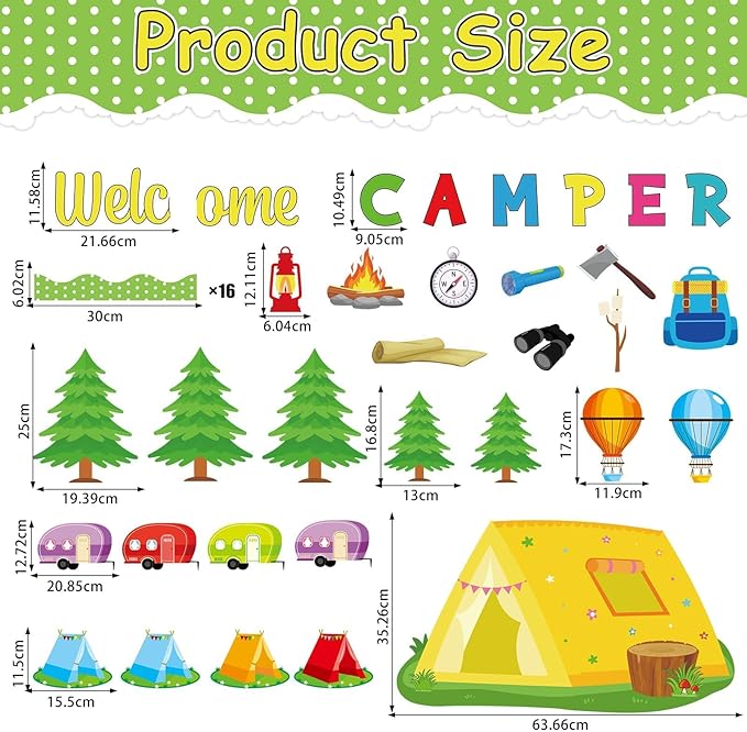 QOUBAI Camping Bulletin Board Set Happy Camper Trim Classroom Border Decorations VBS Tent Vintage Trailers Cutouts Welcome Camper for Back to School Summer Camping Nursery Chalkboard Wall Door Decor