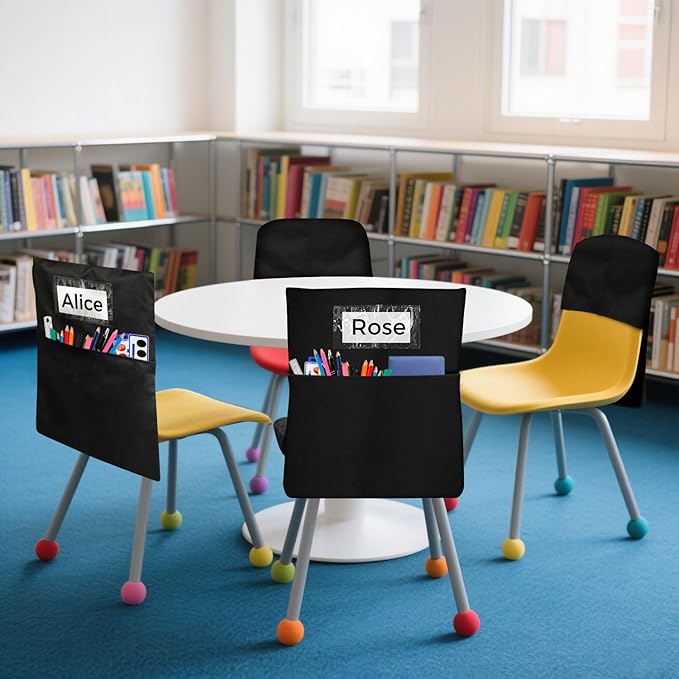 12 PCS Chair Pockets for Classrooms,19.5"x16.5" Seat Sacks for Classroom Chairs K-2, Classroom Student Chair Pockets for Kindergarten, Classroom,School, and Home Seating Storage，Black.