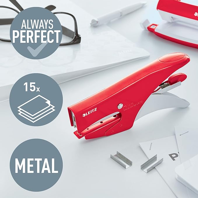 Leitz WOW Staplers, Red Staple Gun, Capacity for 15 Sheets, Ergonomic Metal Body, Staples No. 10 Included, 55311026
