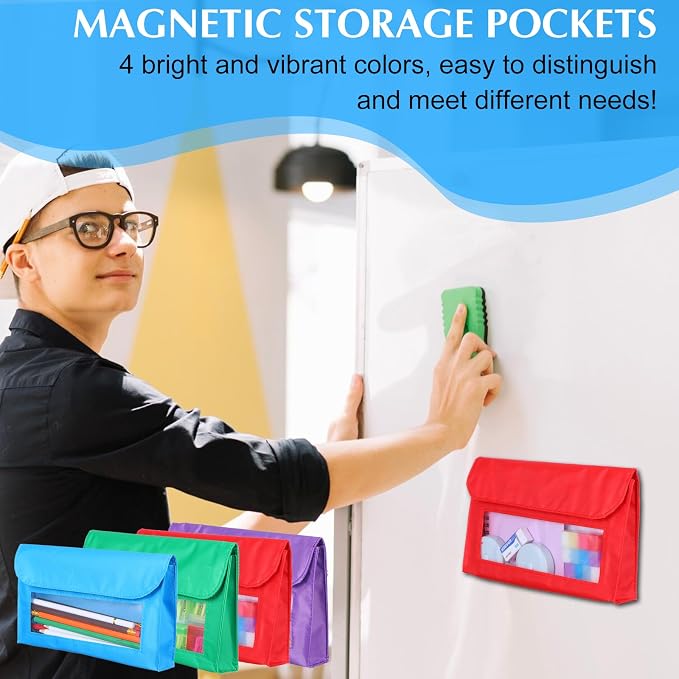 4 Pieces Magnetic Storage Pockets, Whiteboard Accessory Case for Whiteboard or Fridge Magnet Storage Organizer, 4 Colors Pen Cup Storage Bag for Home Office School Supply Storage