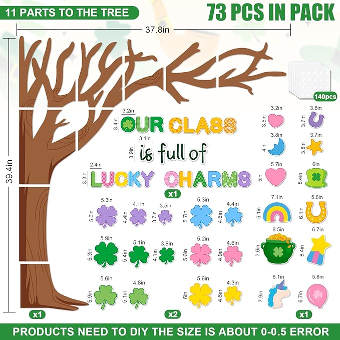JarThenaAMCS St. Patrick' s Day Bulletin Board Set Lucky Charms Tree Classroom Decorations Shamrock Irish Clover Gold Coin Unicorn Paper Cutouts for School Classroom Chalkboard Wall Decor Supplies
